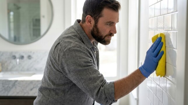 Focused man in blue gloves wiping white subway tile bathroom wall with yellow cloth, concept of responsibility and household maintenance