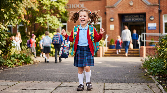 Cheerful young girl, brimming with energy and excitement, ready for her first day of school with a new backpack, generative ai