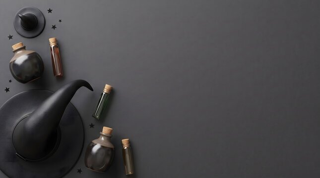 Black witch hat and magic potion bottles on a dark background for halloween celebration