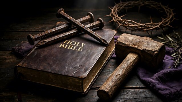 Symbols of Faith: A solemn arrangement featuring a Holy Bible, a crown of thorns, large nails, and a hammer, evoking deep spiritual reflection and religious devotion.