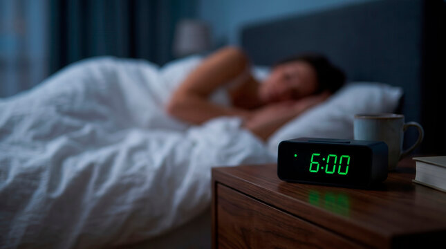 A woman sleeping in bed with a digital alarm clock showing six o'clock in the morning