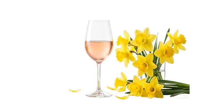 minimal Wine Spring Elegant glass of ros wine on wooden table with beautiful blooming daffodils in bright spring garden with blurred background sunny day vibes