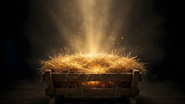 Nativity Scene: A humble manger filled with straw is illuminated by a divine beam of light, casting a heavenly glow on this sacred depiction of the Christmas story.