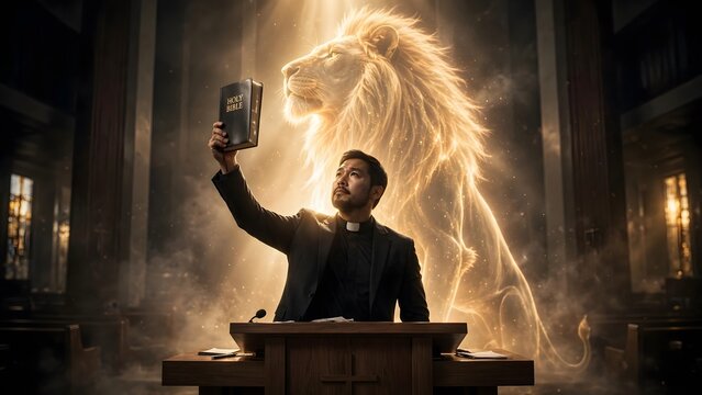 Divine Sermon: A reverent preacher holds a holy book aloft, illuminated by a divine light emanating from a majestic lion figure, symbolizing spiritual power and faith.
