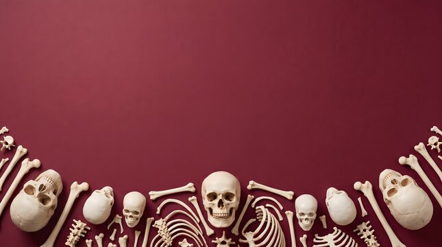 Human skulls and bones arranged in a border pattern on a dark purple background