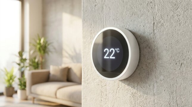 Smart Digital Thermostat on Concrete Wall Displaying 22 Degrees Celsius in Modern Living Room, concept of energy efficiency and smart home automation