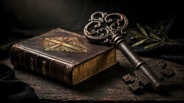 Ancient Key to Knowledge: An old, ornate metal key rests atop a weathered leather-bound book, symbolizing the unlocking of wisdom and sacred texts.