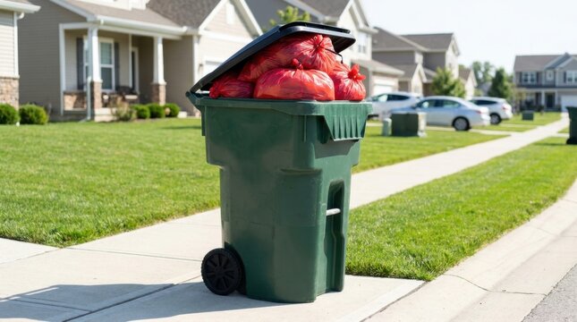 Overfilled Green Trash Can with Red Garbage Bags on a Suburban Sidewalk, concept of waste management and consumerism