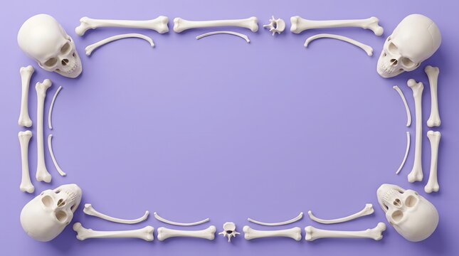Human skulls and bones arranged in a rectangular frame on a purple background