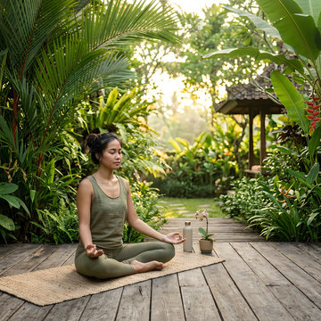 Woman meditating peacefully in a lush garden