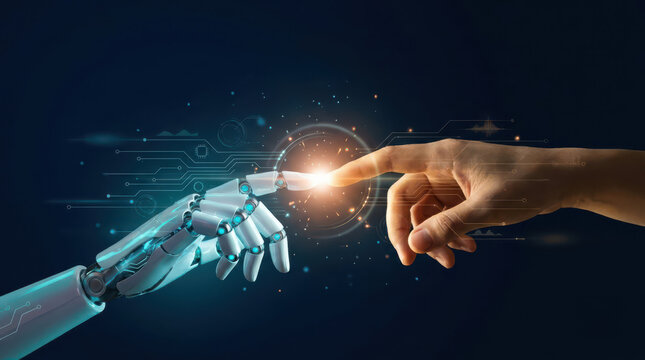 Close up of human and robotic hands touching around radiant digital light, representing artificial intelligence, human machine interaction, collaboration, innovation, technology, and digital progress