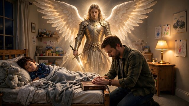 Guardian Angel Blessing: A father prays beside his sleeping child, under the watchful gaze of a majestic guardian angel with shining wings and sword.