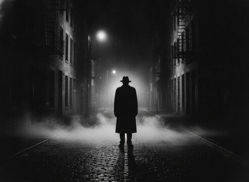 Mysterious Silhouette of a Man in a Trench Coat and Fedora Standing in a Foggy Night Alley, concept of mystery and suspense