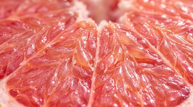 Macro closeup of fresh ruby red grapefruit section showing glistening translucent pulp vesicles
