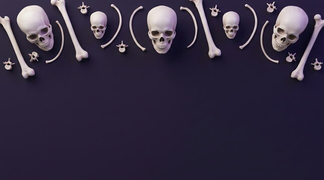 Human skulls and bones arranged in a border pattern on a dark black background