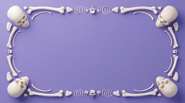 Halloween frame border made of human skulls and bones on a purple background
