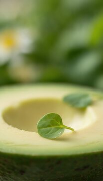 Close-up of Fresh Half Avocado with Small Green Leaves on Top, concept of healthy organic nutrition and freshness