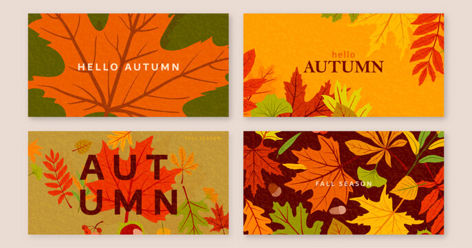 Autumn leaves horizontal banners and backgrounds set with colorful fall foliage. Seasonal vector templates featuring maple leaves, text space, noise texture for social media and headers