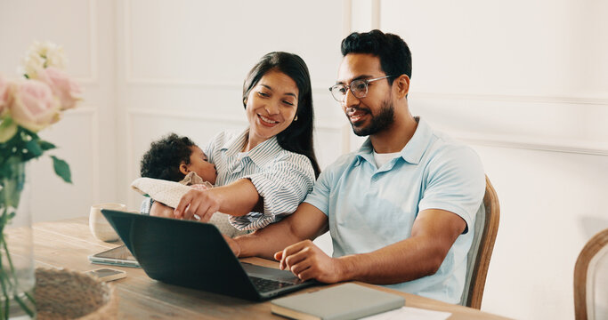 Parents, baby and conversation in home with laptop, financial plan or research for family insurance. Happy married people, mom and dad at dining table with child, computer and review policy cover.