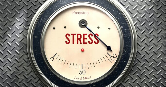 Stress  meter that is hitting a full scale, showing rising levels of stress, overload of it, too much of it. Maximum value, off the charts.