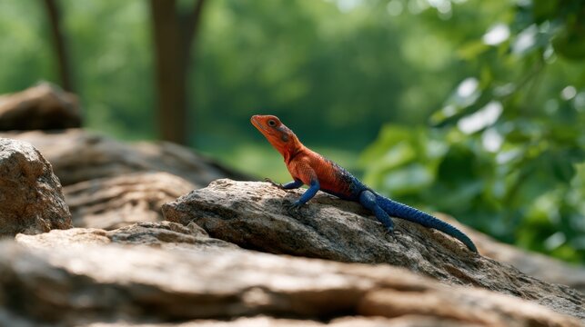 Vibrant red and blue agama lizard perched on sunlit rocky terrain in natural green forest habitat during daytime