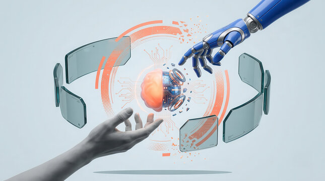 Robotic and human hands connecting around glowing digital brain, symbolizing artificial intelligence, human machine interaction, robotics, innovation, automation and digital progress