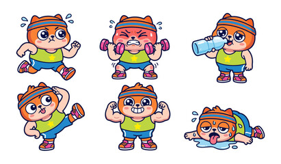 Fototapeta premium Cute fitness cat character set with gym workout poses