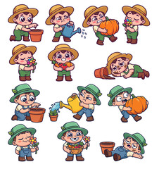 Fototapeta premium Cute farmer boy character set with gardening expressions