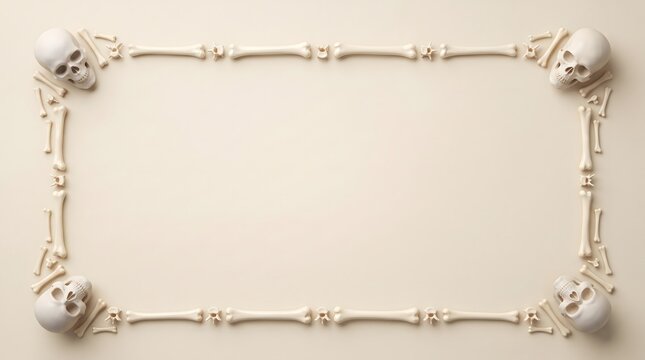 Human skulls and bones arranged in a rectangular frame border on a light beige background