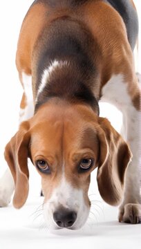 close-up shot of a tricolor beagle against a clean white void background, maintaining the specific bowing apology, with head and chest low and eyes pleading upwards