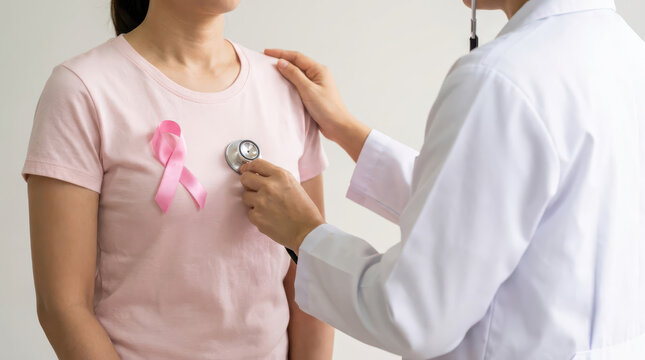 Female patient wearing pink breast cancer awareness ribbon during medical breast examination by doctor, promoting early detection, screening, prevention, women's health, healthcare and cancer awarenes