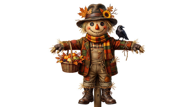 Scarecrow holding autumn harvest basket with cheerful expression