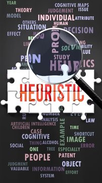 Heuristic under magnifying glass, being researched, studied and examined. Most important subjects and ideas closely related to heuristic written around a puzzle to symbolize complexity of heuristic.