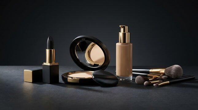 Luxury makeup set with lipstick foundation powder compact and professional brushes on a dark background.high-end makeup sale 