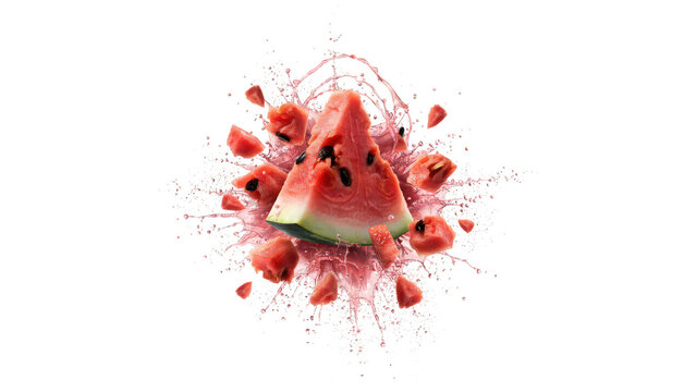 A fresh slice of juicy red watermelon exploding with liquid splashes and small fruit chunks, captured against a clean solid black background