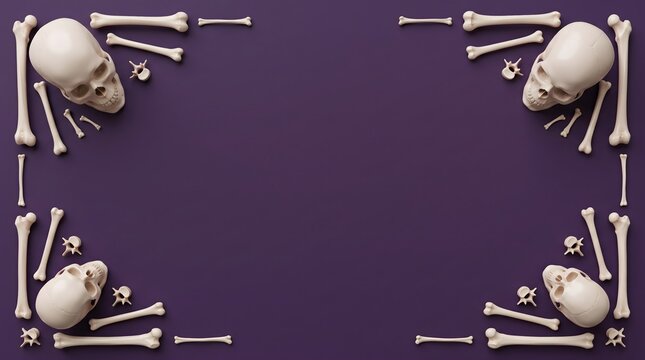 Human skulls and bones arranged as a frame border on a dark grey background