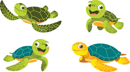 Fototapeta premium Cute Sea Turtle Character Vector Illustration Set with Various Swimming poses and Happy Expressions for Marine Biology and Ocean Animals Designs