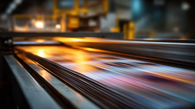 High-speed industrial printing press producing colorful printed materials on large sheets with motion blur in a modern factory environment