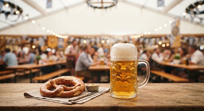 Large beer mug and pretzel in crowded beer tent