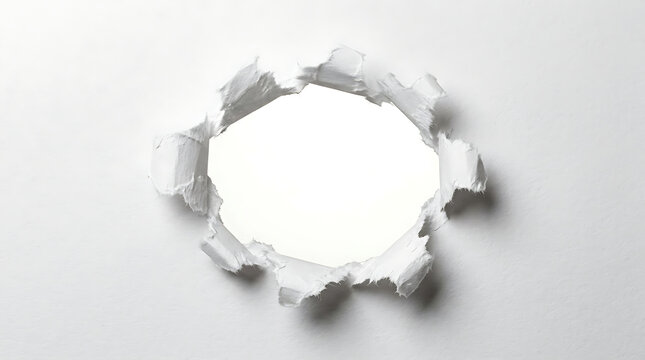 A hole torn in the center of a white paper sheet with ragged edges, isolated on white background