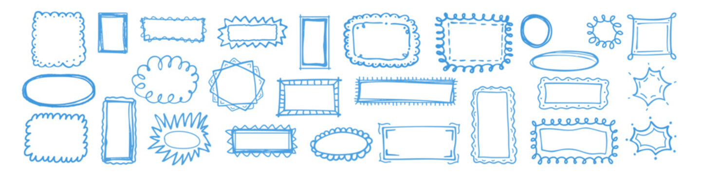 Blue hand-drawn decorative frames and borders in assorted shapes on a white background. Vector illustration