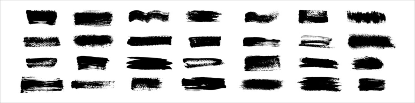 Set of wide black grunge brush strokes and ink banners isolated on white background. Vector hand drawn textured paint smears and dirty underline elements for design.