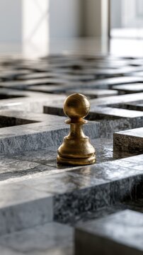 A golden chess pawn standing alone on a gray stone maze symbolizing strategy, challenge, and navigating complex decisions in a light-filled modern space