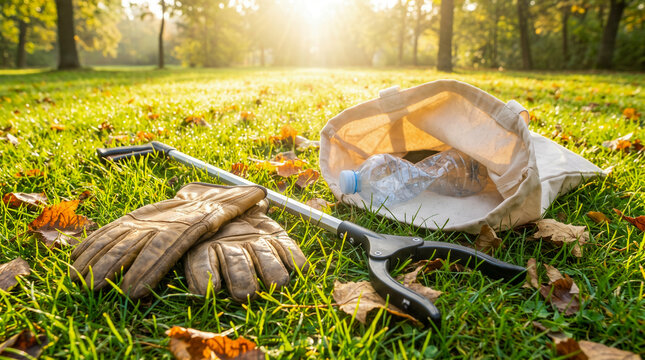 Volunteer cleaning up plastic waste in a park with a grabber tool and bag