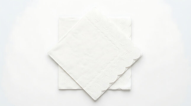Two white paper napkins with decorative scalloped embossed edges stacked on a white background