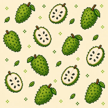 Seamless pattern of soursop fruit in vintage pixel art style