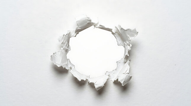 A circular hole torn through the center of a white paper sheet, creating a jagged and textured edge, isolated on white background