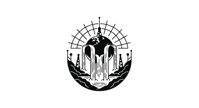 Stylized graphic emblem features architectural elements and a radiating sunburst.