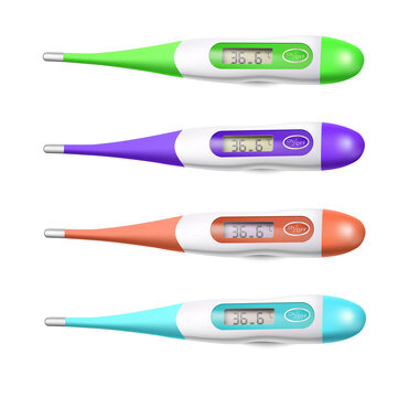 Four colorful digital thermometers for medical use on transparent background