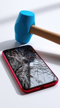 Blue mallet resting near a damaged smartphone with a shattered screen on a white surface symbolizing impact and destruction